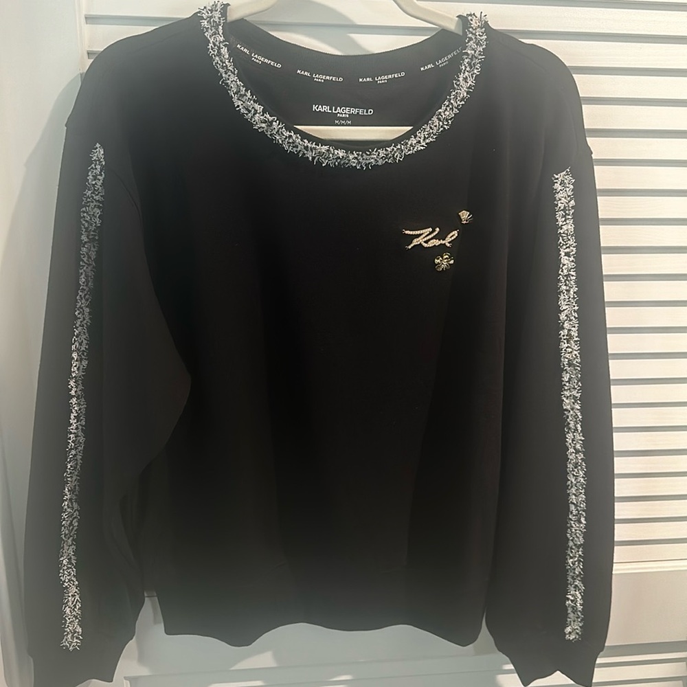 NWT Karl Lagerfeld Black Sweatshirt with Karl attached to the sweater.